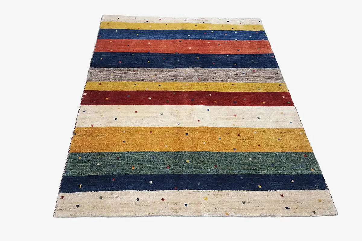 Gabbeh rug 193x143 cm: striped in yellow, blue, red, green