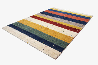 Gabbeh rug 193x143 cm, diagonal view: stripes in yellow, dark blue, red