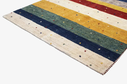 Gabbeh rug 193x143 cm, angled front view: wide stripes in cream, yellow, and blue