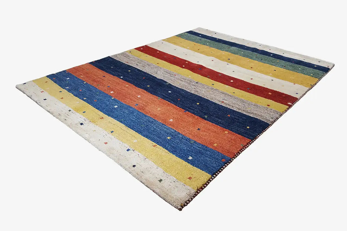 Gabbeh rug 193x143 cm, diagonal view: multicolored horizontal stripes