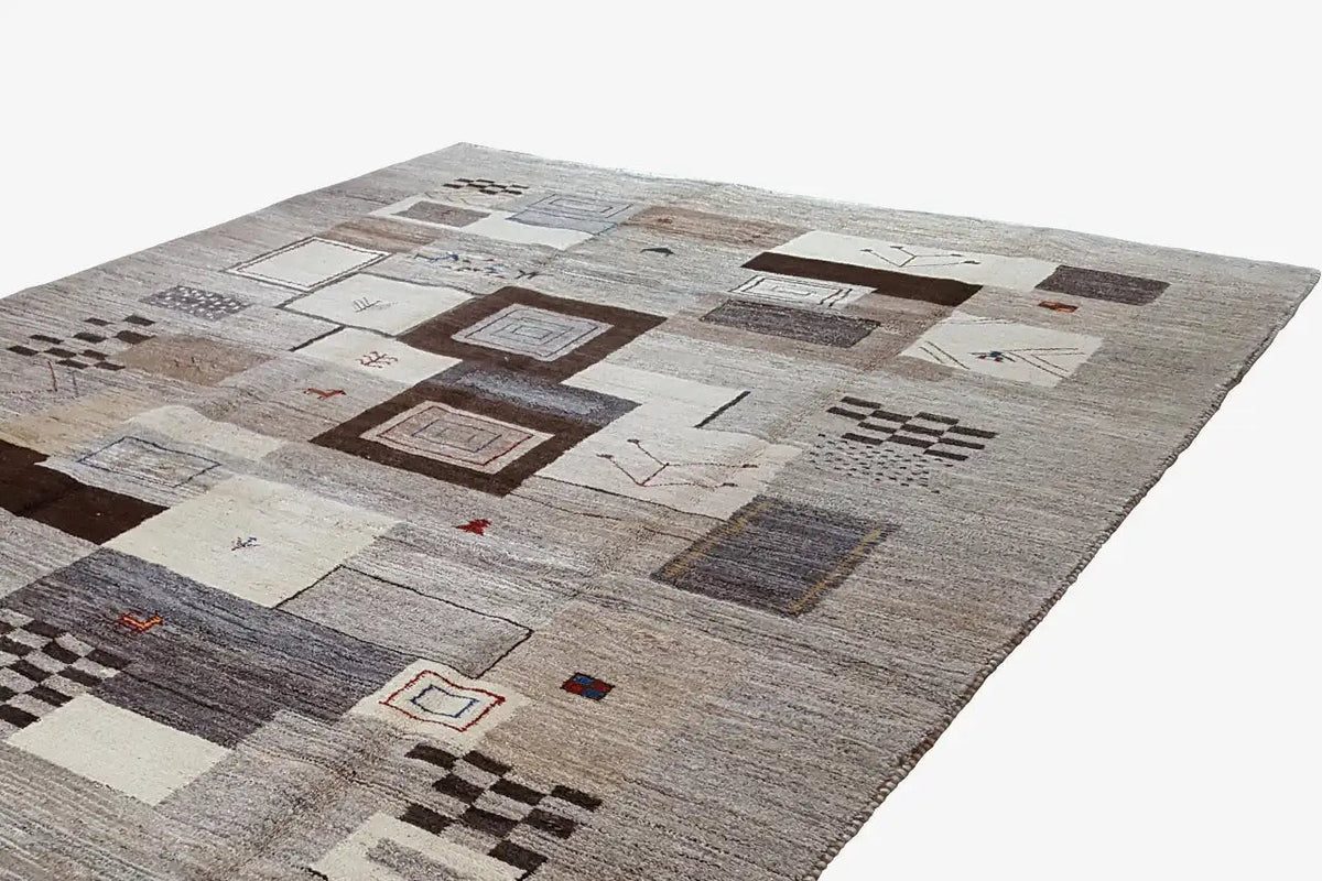 Gabbeh rug with square motifs in beige, gray, and dark brown tones
