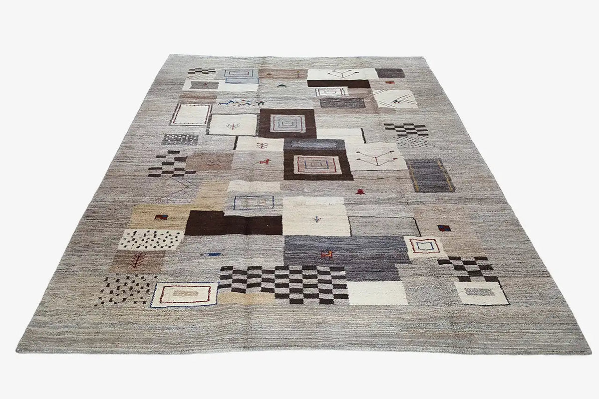 Large Gabbeh rug with patterned squares and rectangles in gray and white