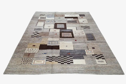 Large Gabbeh rug with patterned squares and rectangles in gray and white