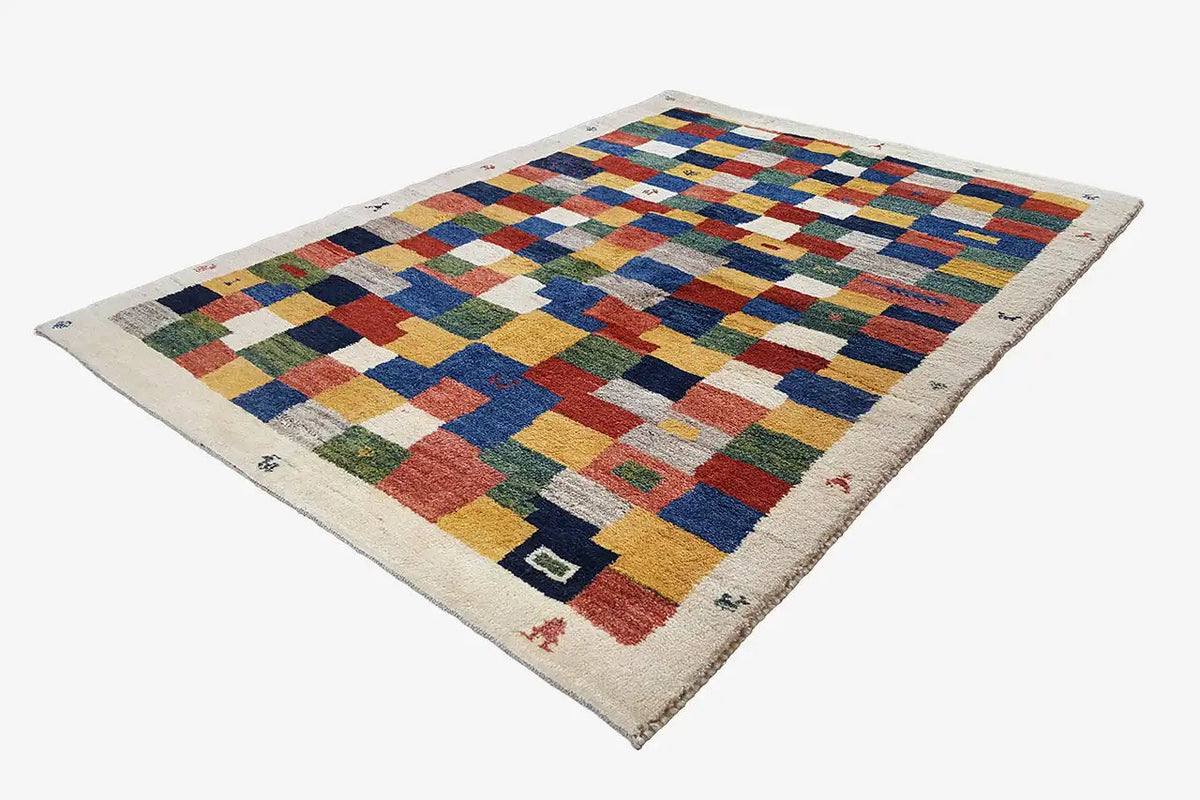 Gabbeh rug 203x147 cm, diagonally oriented, checkered patchwork in blue, red, green, and yellow