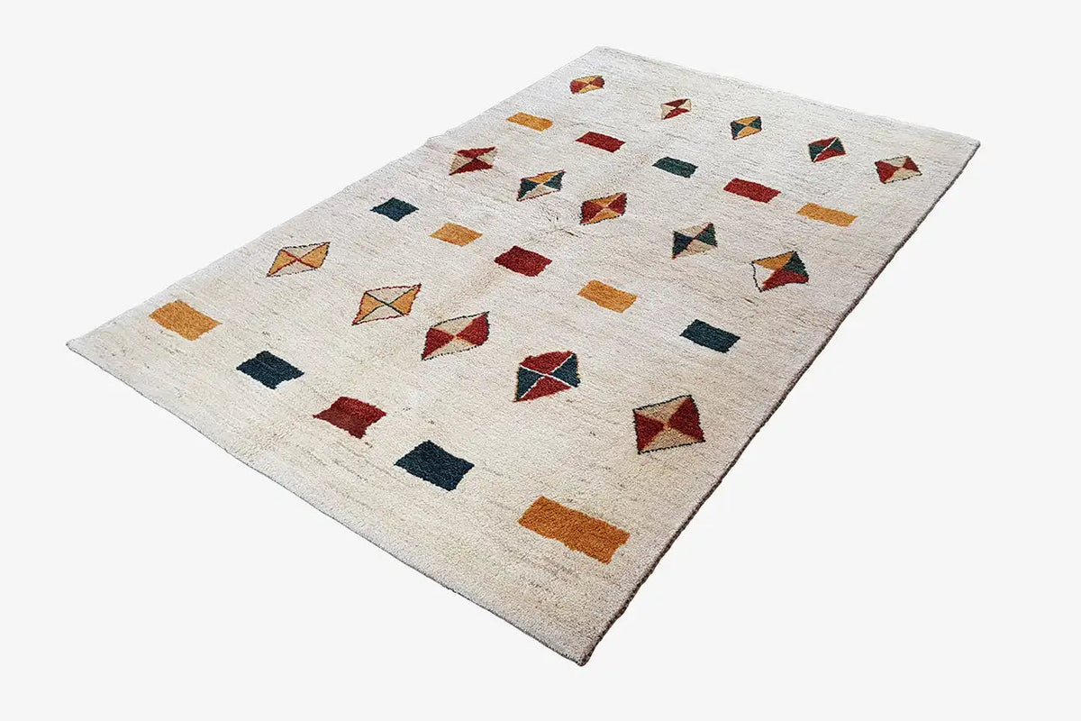 Gabbeh rug 233x146 cm with geometric patterns in red, blue, and orange on a light background