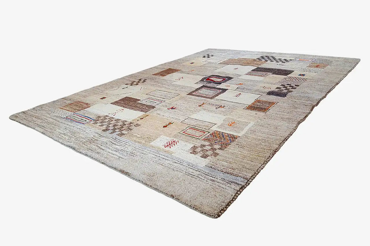 Gabbeh rug: beige background with multicolored patchwork patterns, 248x170 cm