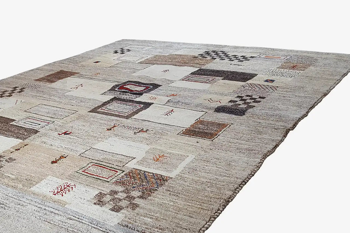 Gabbeh rug with patchwork squares and color accents, beige base, 248x170 cm