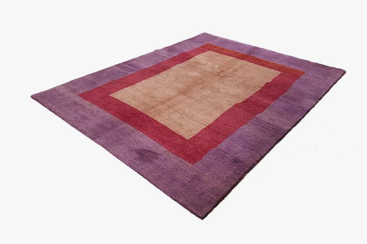 Gabbeh rug, appearing square: purple background, beige central field, red border.