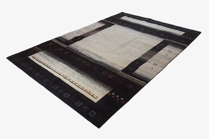 Gabbeh rug (303x201 cm) with beige center and black patterned border