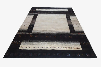 Gabbeh rug (303x201 cm) with a beige inner field, dark borders, and delicate ornaments