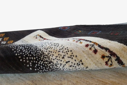 Gabbeh rug (303x201 cm), close-up of the surface with beige-black ornaments