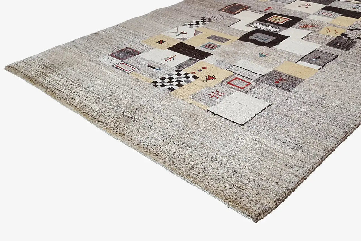 Gabbeh rug 208x152 cm, geometric pattern of square fields in beige and dark gray
