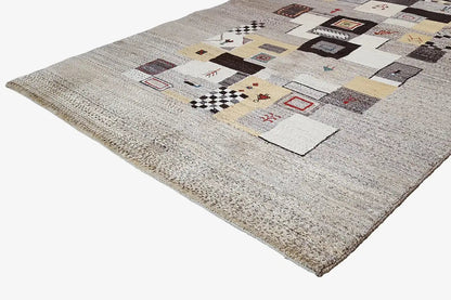 Gabbeh rug 208x152 cm, geometric pattern of square fields in beige and dark gray