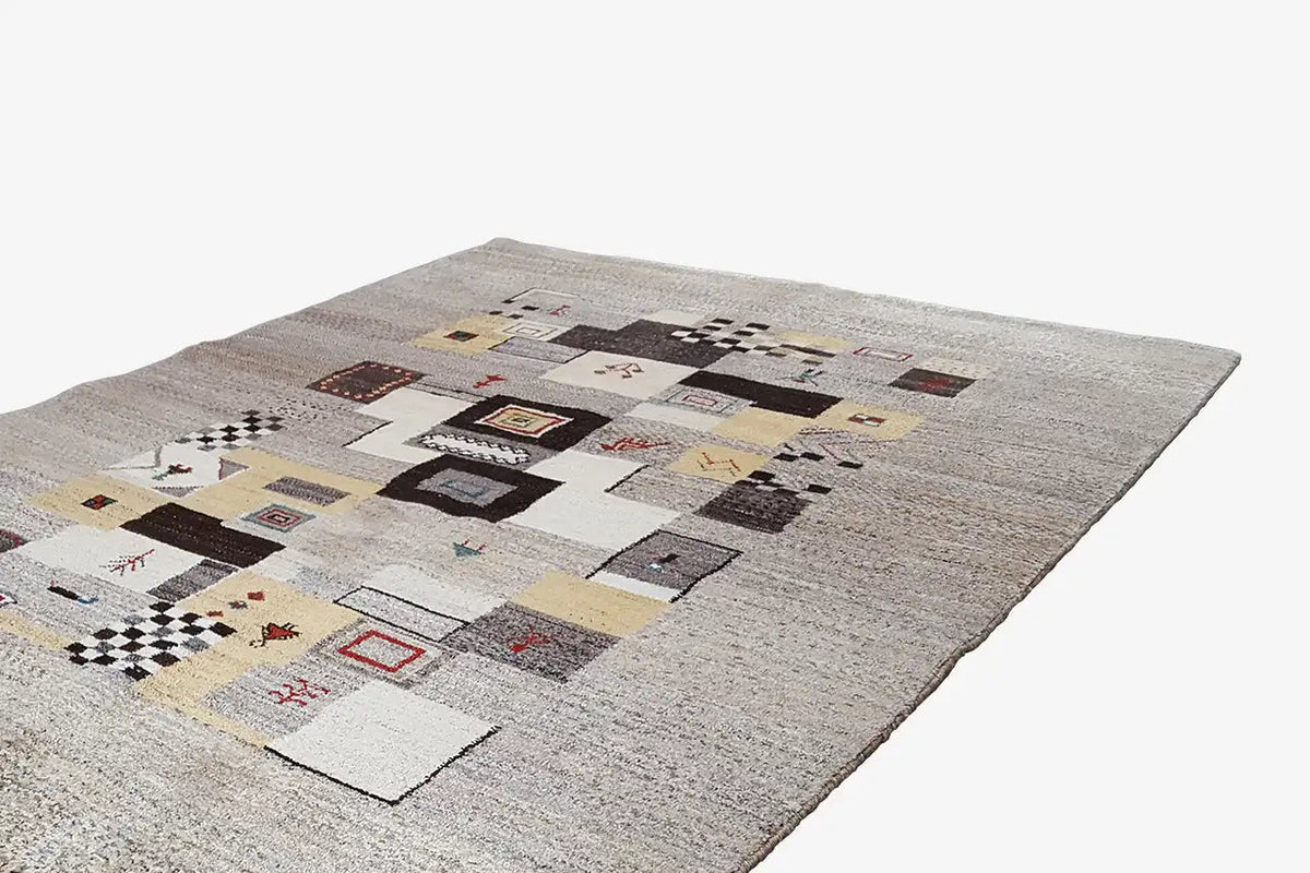Gabbeh rug 208x152 cm with an abstract patchwork design in gray, beige, and brown