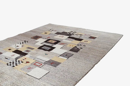 Gabbeh rug 208x152 cm with an abstract patchwork design in gray, beige, and brown