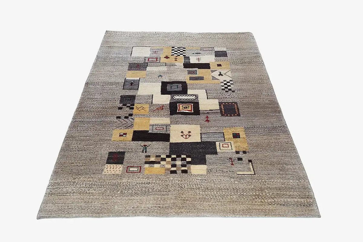 Gabbeh rug 208x152 cm with a rectangular patchwork pattern in light gray and multicolored squares