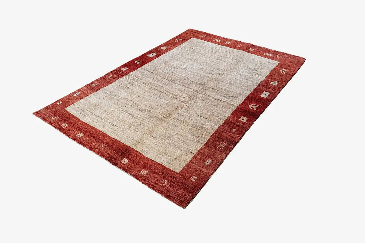 Gabbeh rug 200x133 cm with a red border and light central area