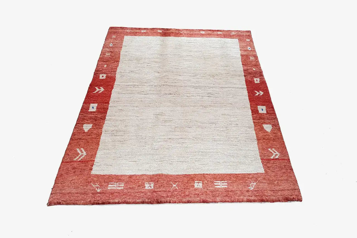 Gabbeh rug 200x133 cm with a large light square in a red-bordered field