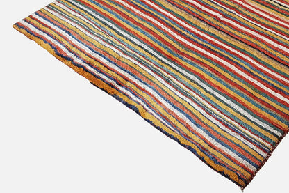 Gabbeh rug (199x149 cm) with multicolored horizontal stripes and a rounded edge