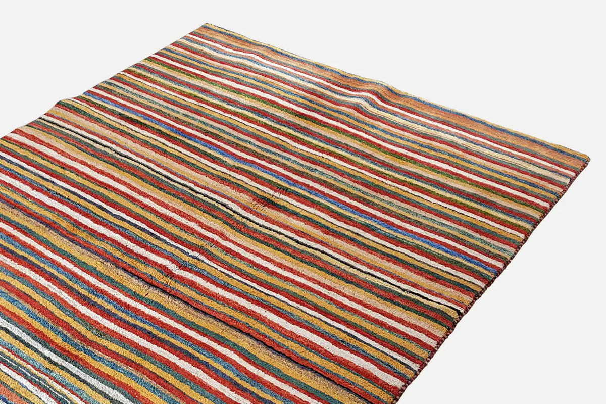 Gabbeh rug (199x149 cm) with a striped pattern in blue, red, yellow and beige