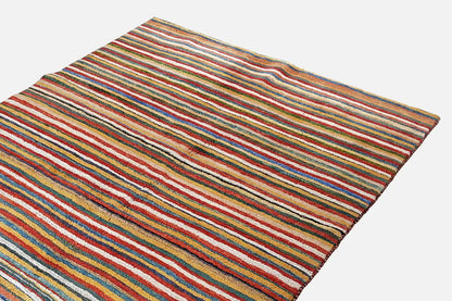 Gabbeh rug (199x149 cm) with a striped pattern in blue, red, yellow and beige