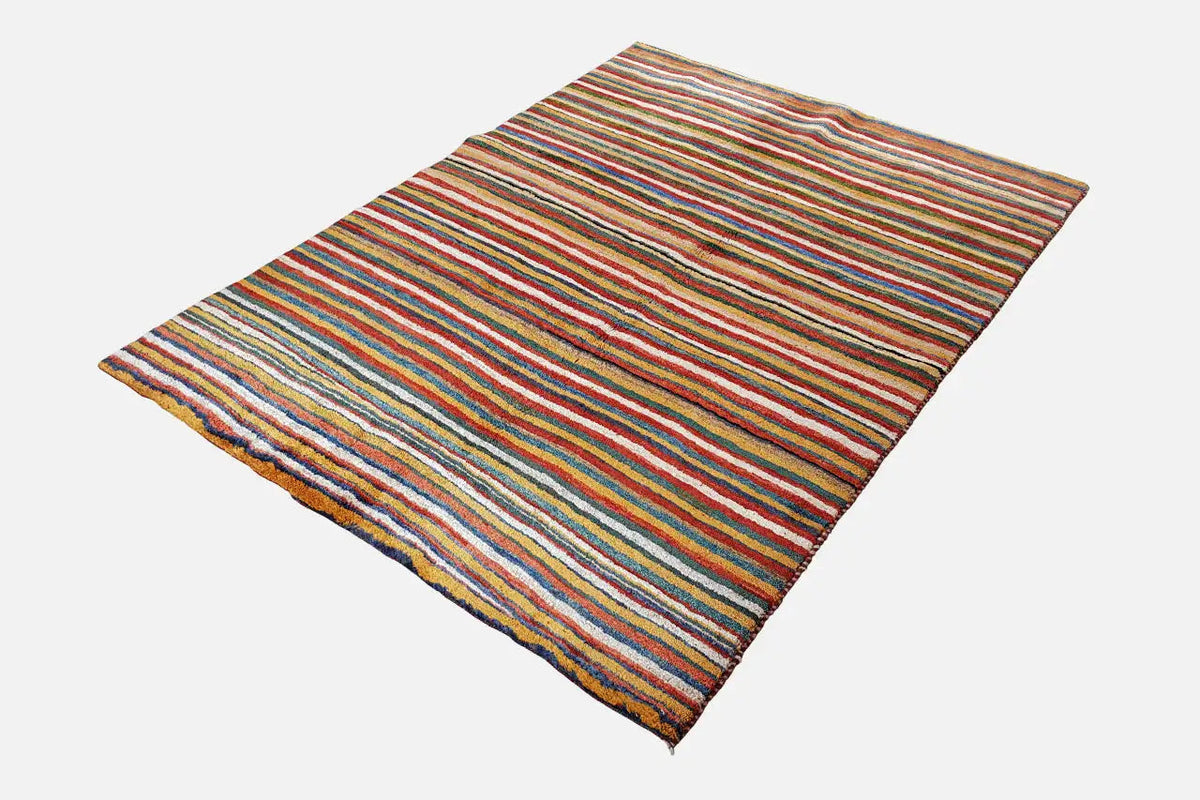 Gabbeh rug (199x149 cm) diagonal view with colorful horizontal stripes
