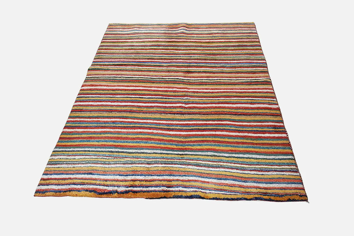 Gabbeh rug (199x149 cm) laid flat with multicolored stripes and fringes
