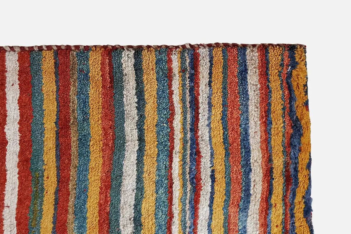 Gabbeh rug (199x149 cm) close-up: border with a dense woven pattern and colorful stripes