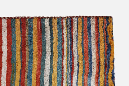 Gabbeh rug (199x149 cm) close-up: border with a dense woven pattern and colorful stripes