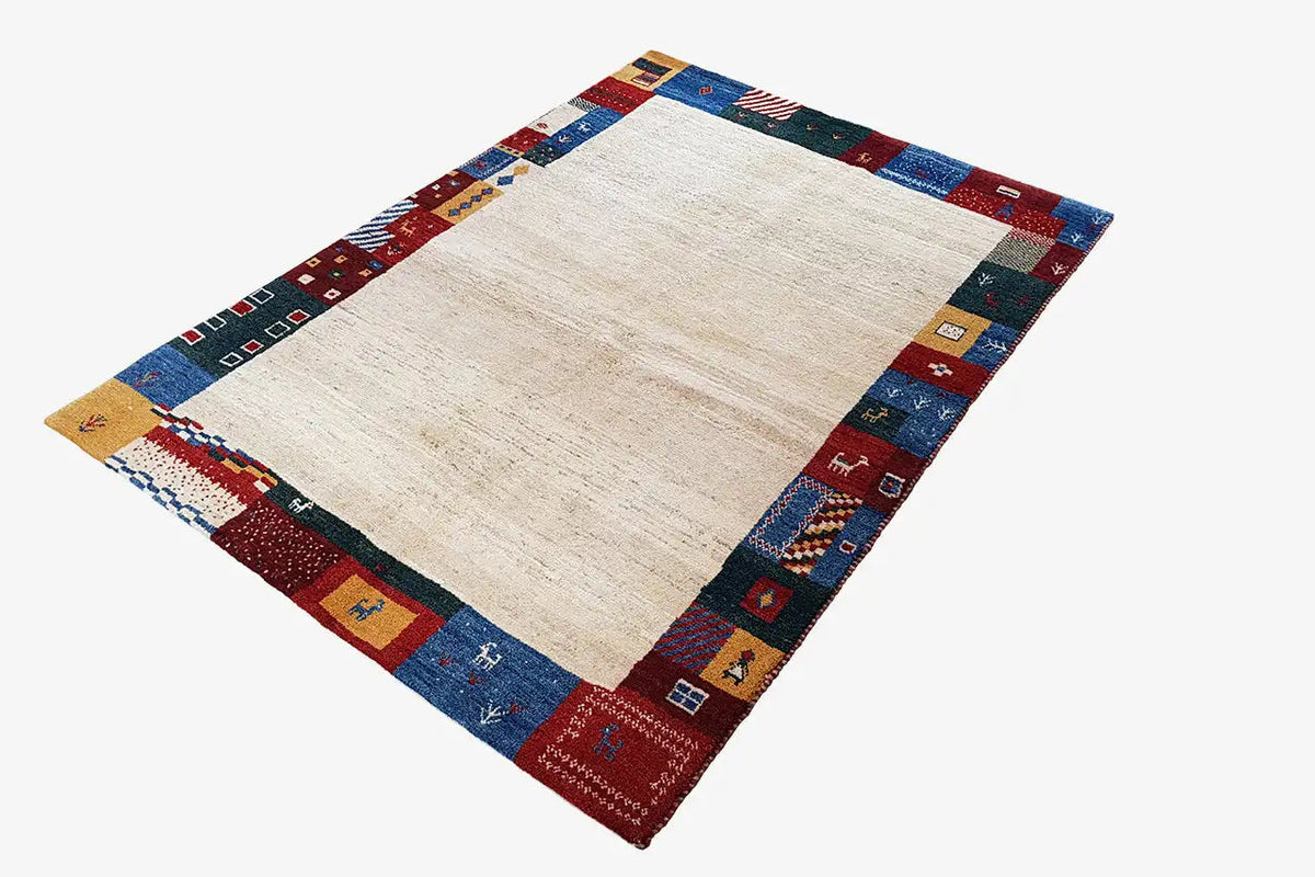 Gabbeh rug 210x149 cm with a beige center and colorful geometric border