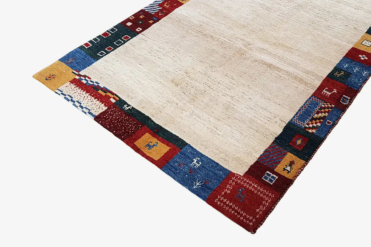 Gabbeh rug 210x149 cm, rectangular; beige center with a blue-red patterned border