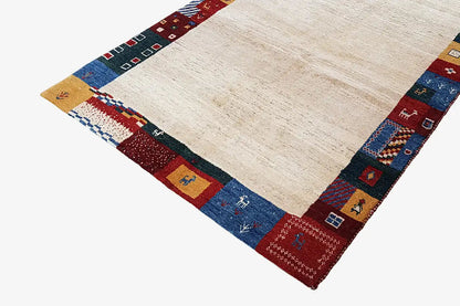 Gabbeh rug 210x149 cm, rectangular; beige center with a blue-red patterned border