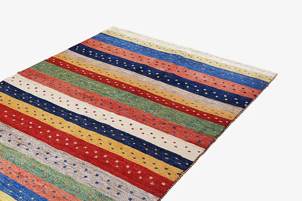 Gabbeh rug with brightly patterned stripes and fine dots, multicolored