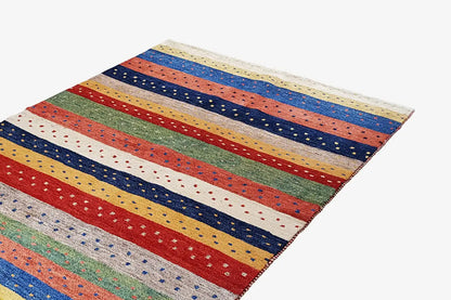 Gabbeh rug with brightly patterned stripes and fine dots, multicolored