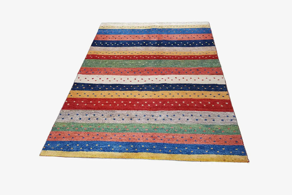 Rectangular Gabbeh rug: wide stripes in red, blue, green, yellow, and light gray
