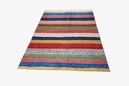 Rectangular Gabbeh rug: wide stripes in red, blue, green, yellow, and light gray