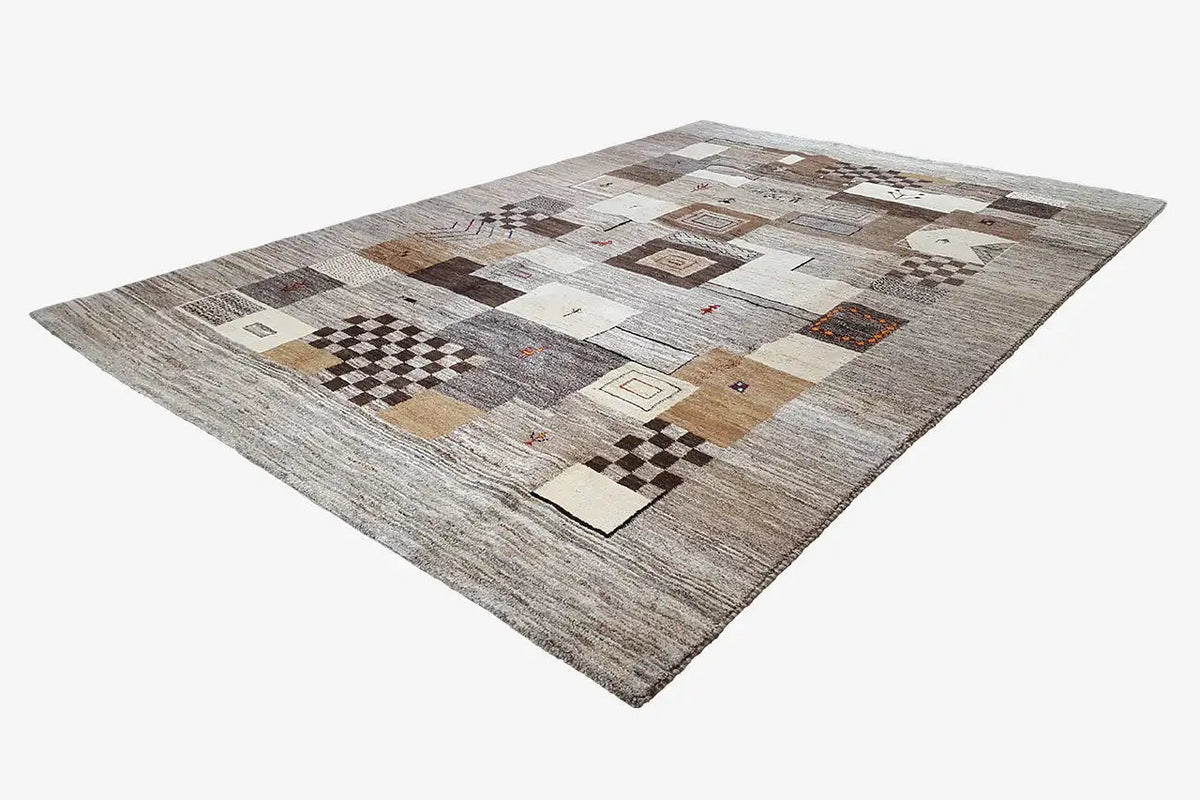 Gabbeh rug 297x197 cm with geometric patchwork in gray, beige, and brown