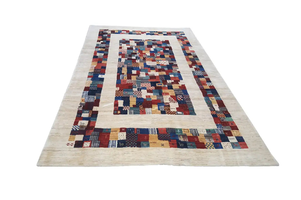 Gabbeh rug with patchwork pattern in blue/red/beige, rectangular (306×194 cm)