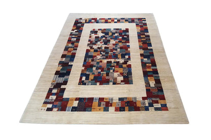 Rug with a beige base and multicolored geometric pattern, central medallion frame