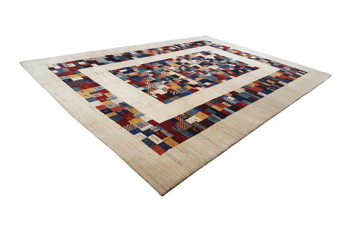 Carpet, beige background with multicolored tile and diamond patterns in a diagonal view