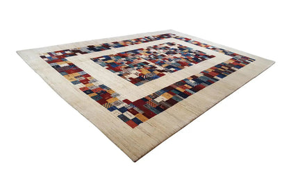 Carpet, beige background with multicolored tile and diamond patterns in a diagonal view