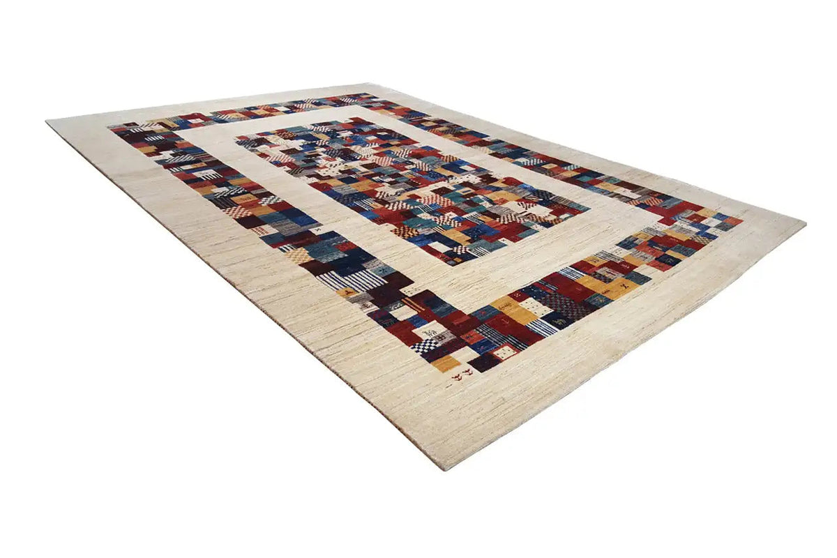 Rug with a beige background and multicolored grid pattern, framed medallion