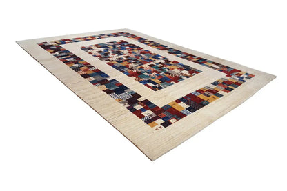 Rug with a beige background and multicolored grid pattern, framed medallion