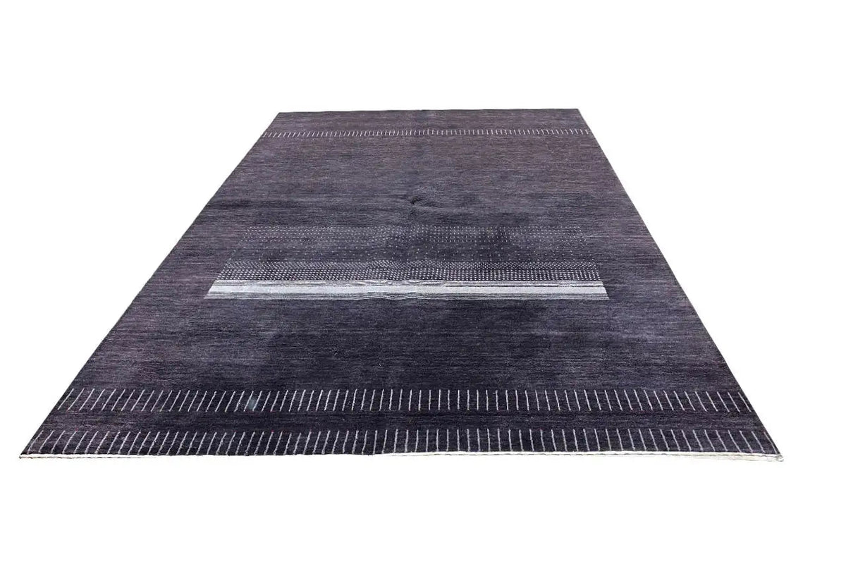 Gabbeh handwoven rug (242x172 cm), dark gray, wide central band with decorative stripes