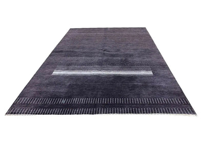 Gabbeh handwoven rug (242x172 cm), dark gray, wide central band with decorative stripes