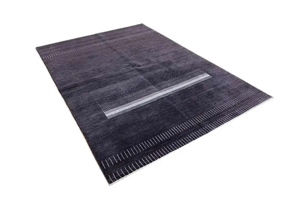 Gabbeh-style rug (242x172 cm), dark gray with light stripes and a rectangular pattern