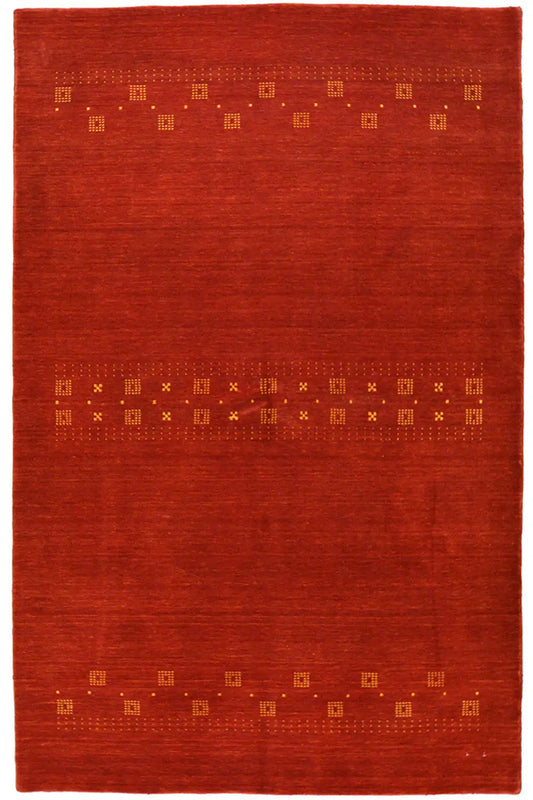 Gabbeh rug, red rectangular rug with fine patterned stripes, 247x159 cm