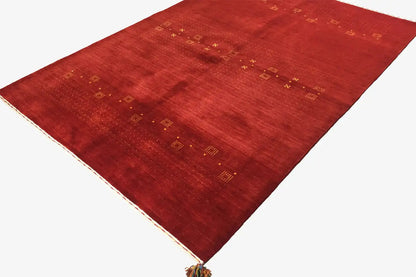 Gabbeh-style rug, 241x171 cm, red woven rug with multicolored tassels