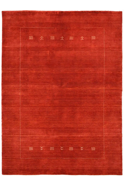Red Gabbeh rug with a geometric border and fine patterned lines
