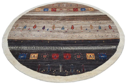 Gabbeh rug (183x183 cm), oval, woven stripes with colorful decorative elements